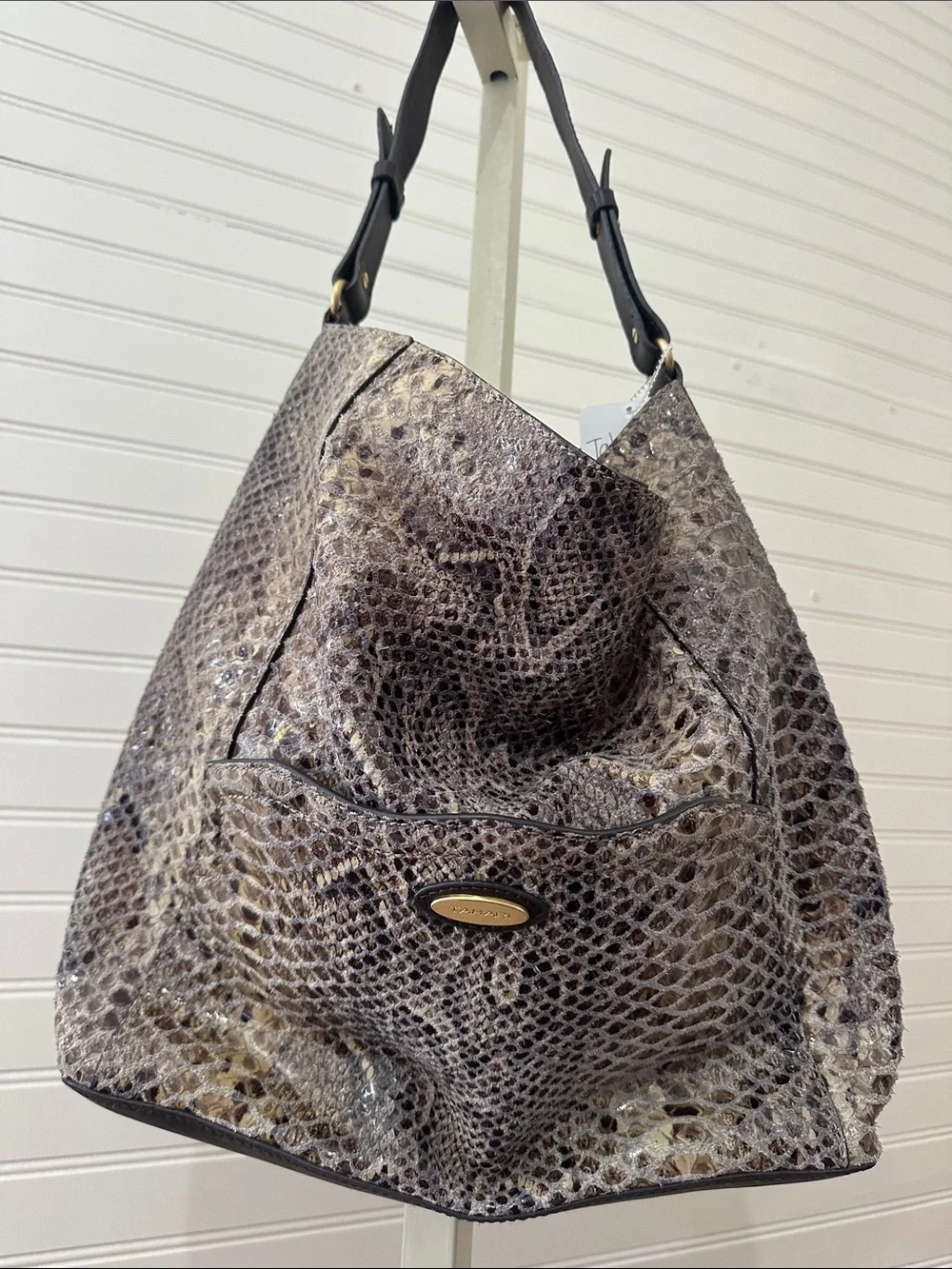 Tahari Snakeskin-Pattern Shoulder Bag in Brown and Tan purse hobo
